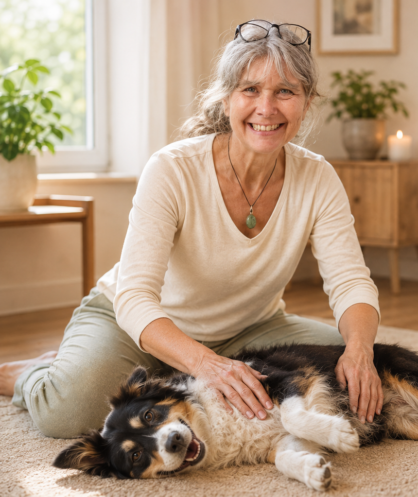 Claudia von Harmony Hounds mit einem entspannten Hund bei einer ruhigen Shiatsu-Situation